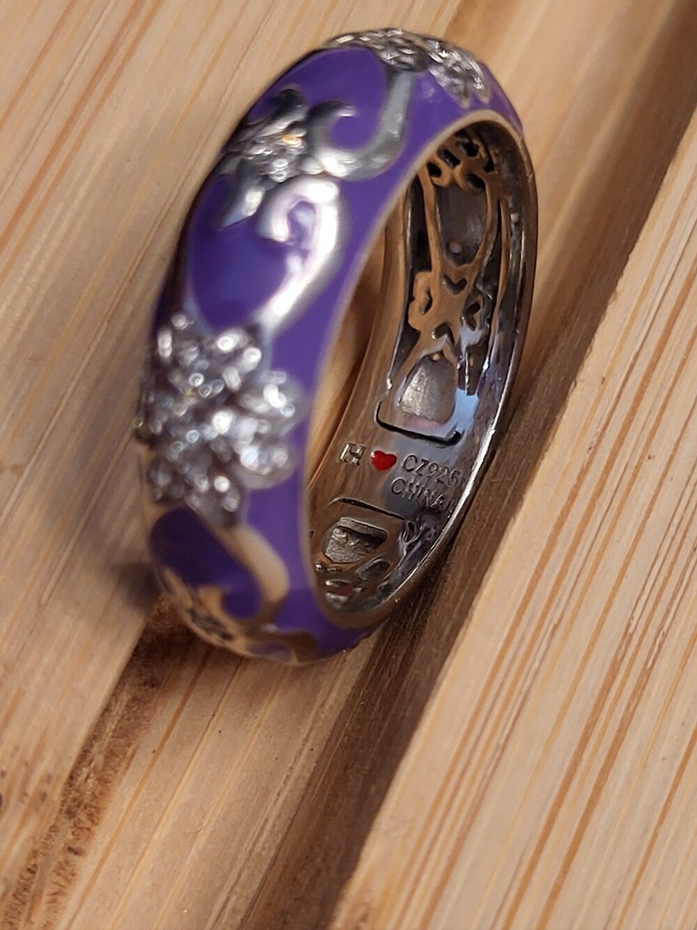 Sterling Silver 925 Purple Enamel CZ Floral wide band ring - Picture 10 of 12